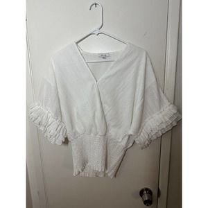 BTFL-life White Ruffle Sleeve Smock Waist V-Neck Top Blouse XS School Preppy